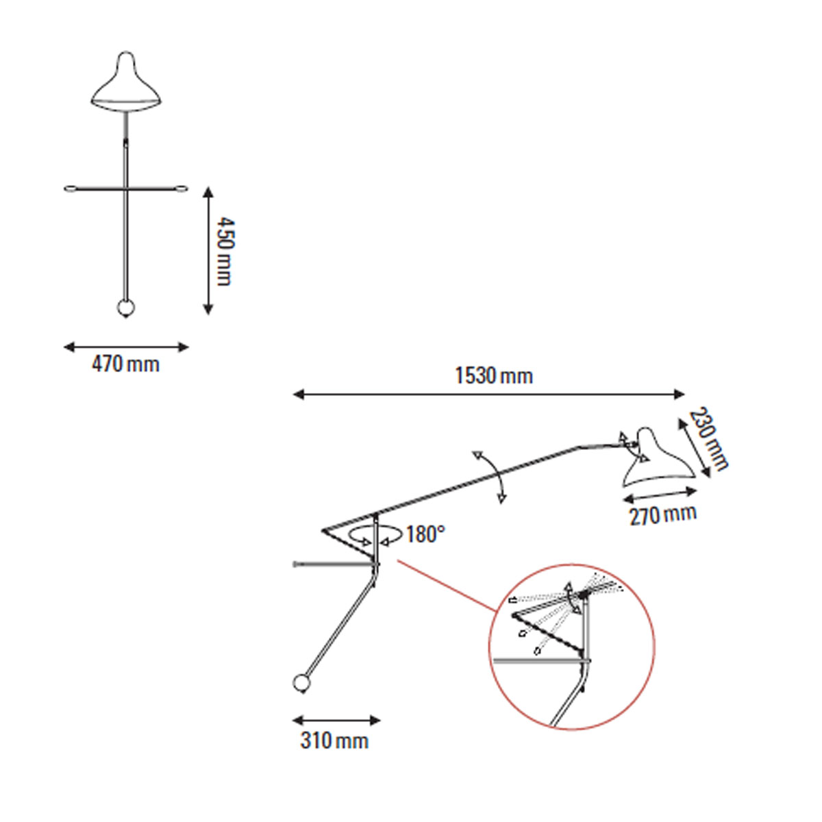 Technische Zeichnung DCW Editions Mantis BS2 Wandleuchte T: 153 cm