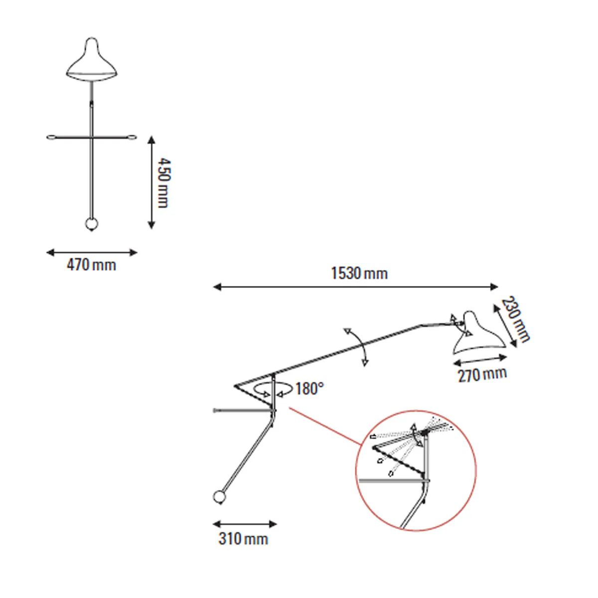 Technische Zeichnung DCW Editions Mantis BS2 Wandleuchte T: 153 cm