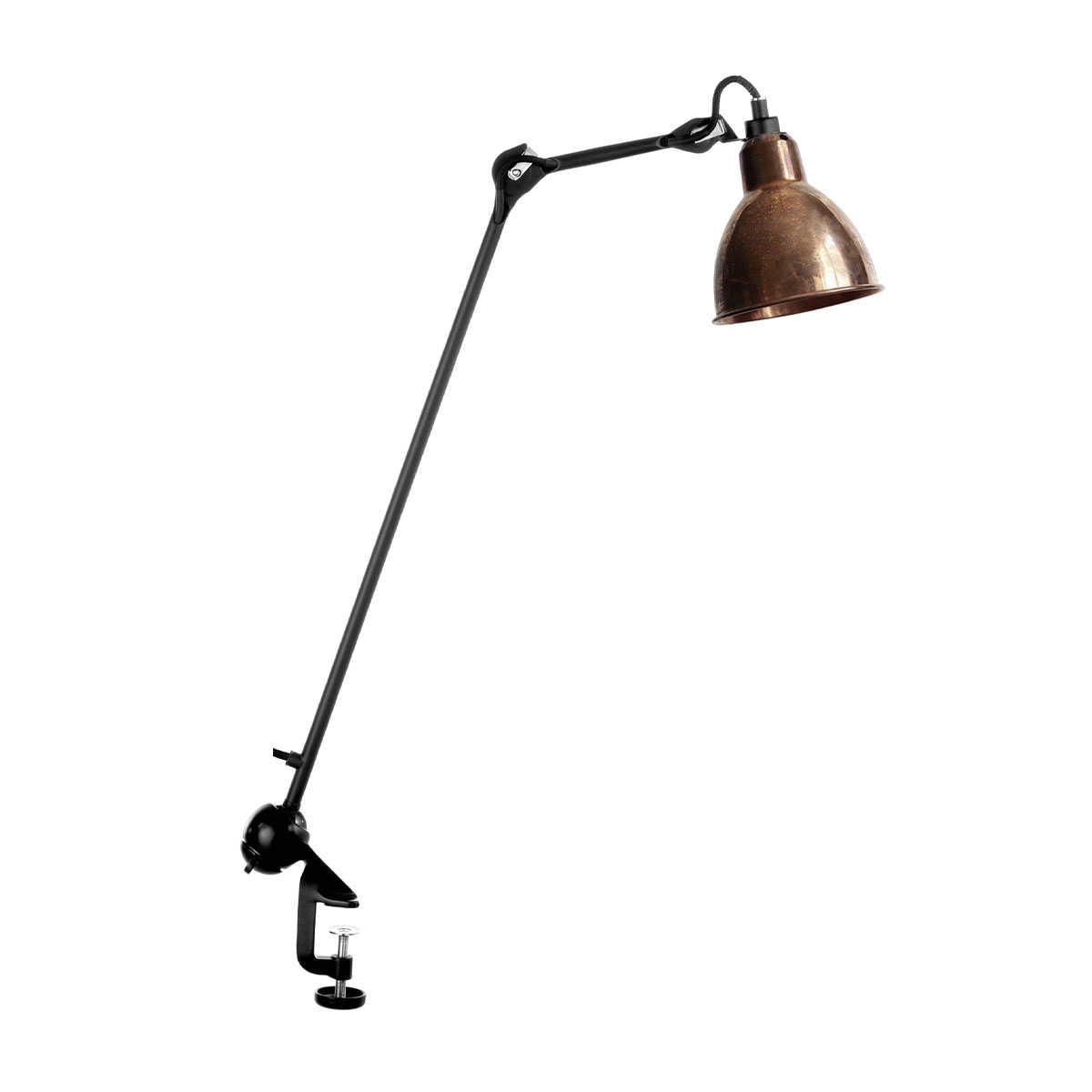 Lampe Gras N° 201 Tischleuchte, H: 59 cm Schwarz, Schirm Kupfer roh Rund in Schwarz Kupfer – hochwertige Designerlampe des Herstellers DCW Editions für den Nachttisch