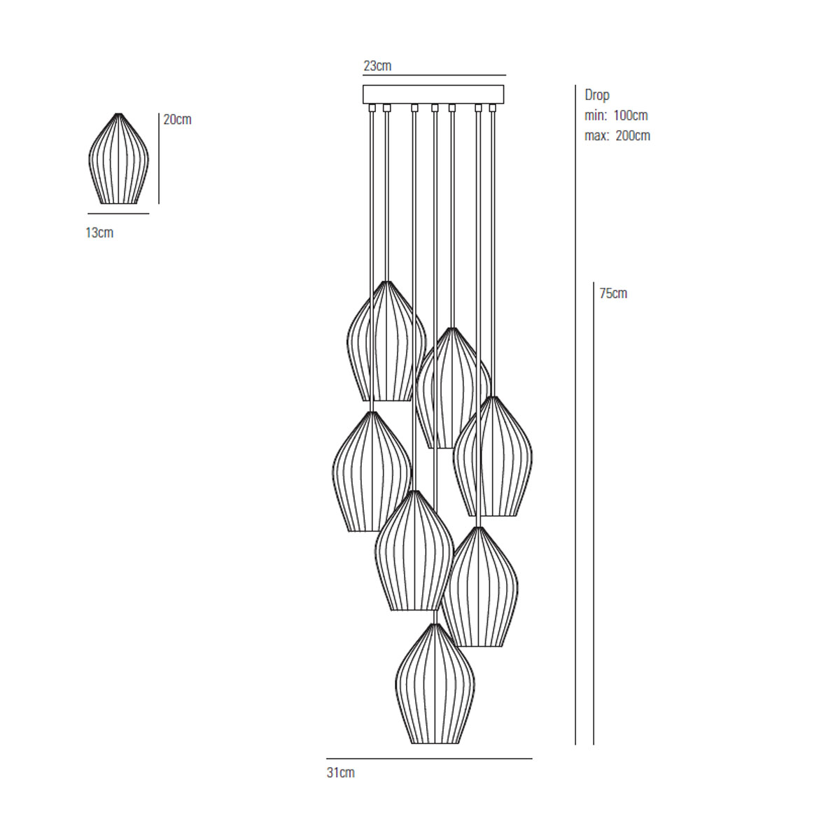 Fin Grouping of 7 Pendelleuchte, Ø: 31 cm, 7-flammig