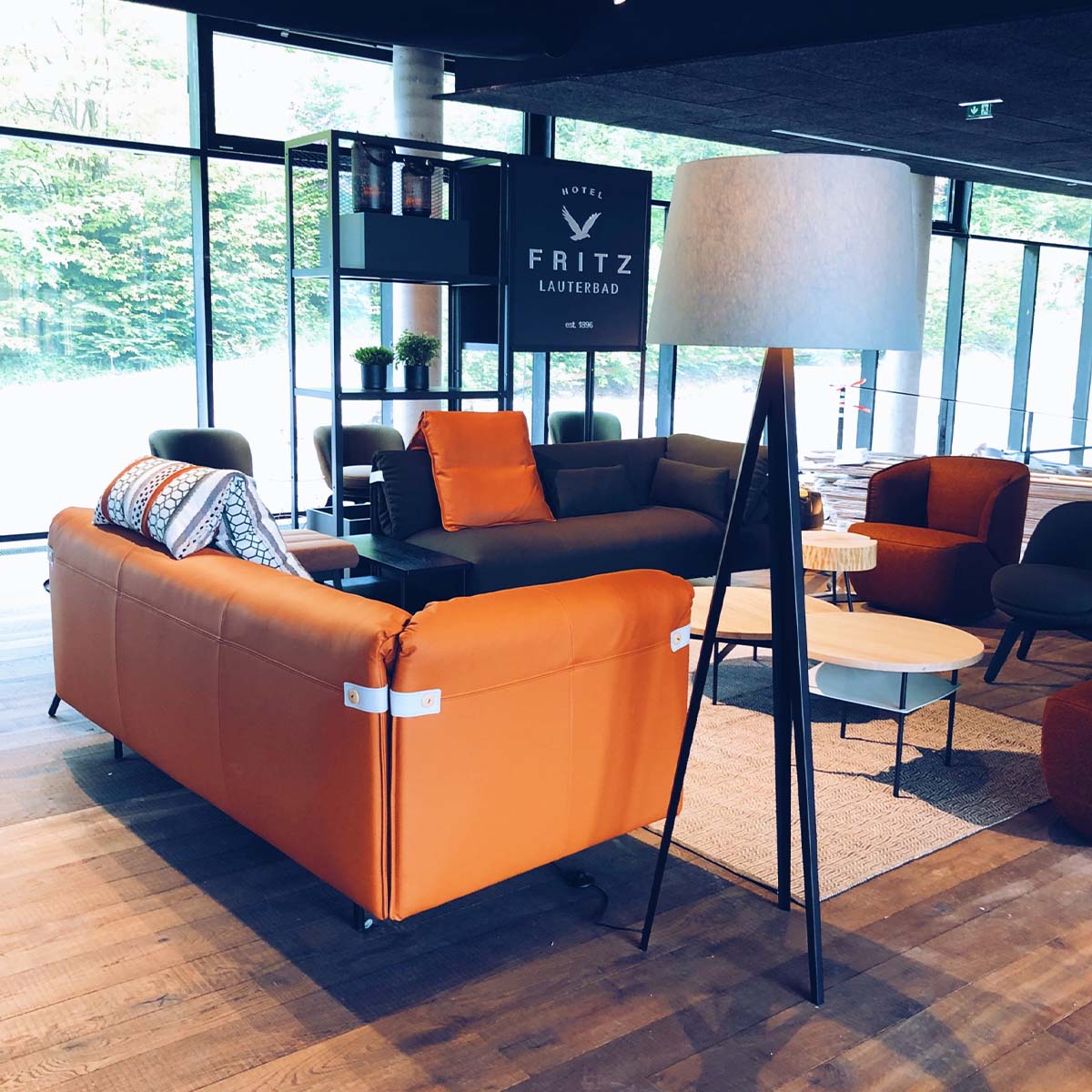 Elegante Stehleuchte im Fokus im Wohnzimmer neben einer Couch stehend Elegante Stehleuchte im Fokus im Wohnzimmer neben einer Couch stehend