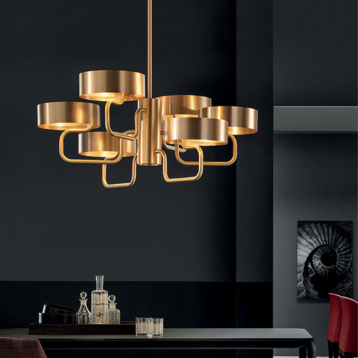 Sound S6 Pendelleuchte, Ø: 110 cm, 6-flammig, Gold gebürstet, Retrofit Sound S6 Pendelleuchte, Ø: 110 cm, 6-flammig, Gold gebürstet, LED-Modul