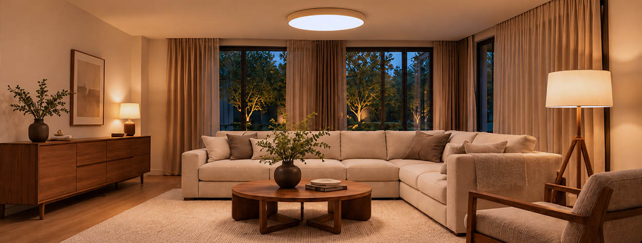 Wohnzimmer mit Deckenleuchte, Tischleuchte und Stehleuchte für unterschiedliche Lichtaufgaben