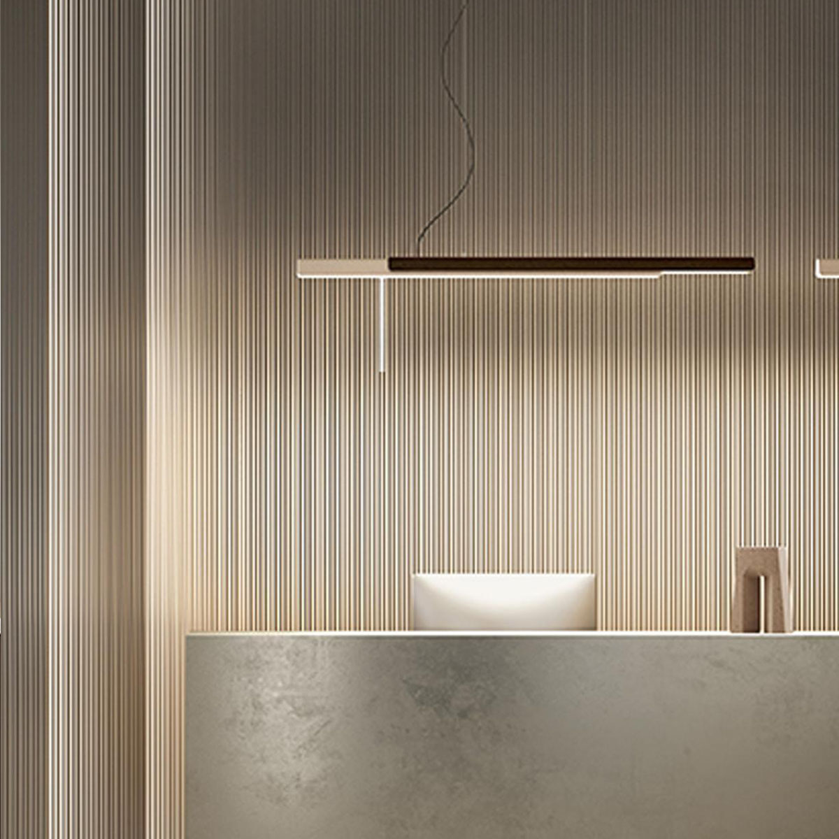 Dala Linear Pendelleuchte, L: 150 cm, Dunkelgrau & Holz, Extra-Warmweiß 2700K Dala Linear Pendelleuchte, L: 150 cm, Beige & Kupfer, Warmweiß 3000K