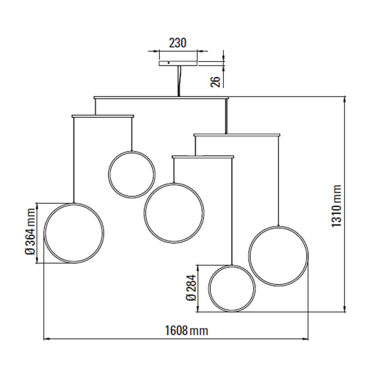 Focus x5 Pendelleuchte, H: 131 cm Schwarz 5-flammig