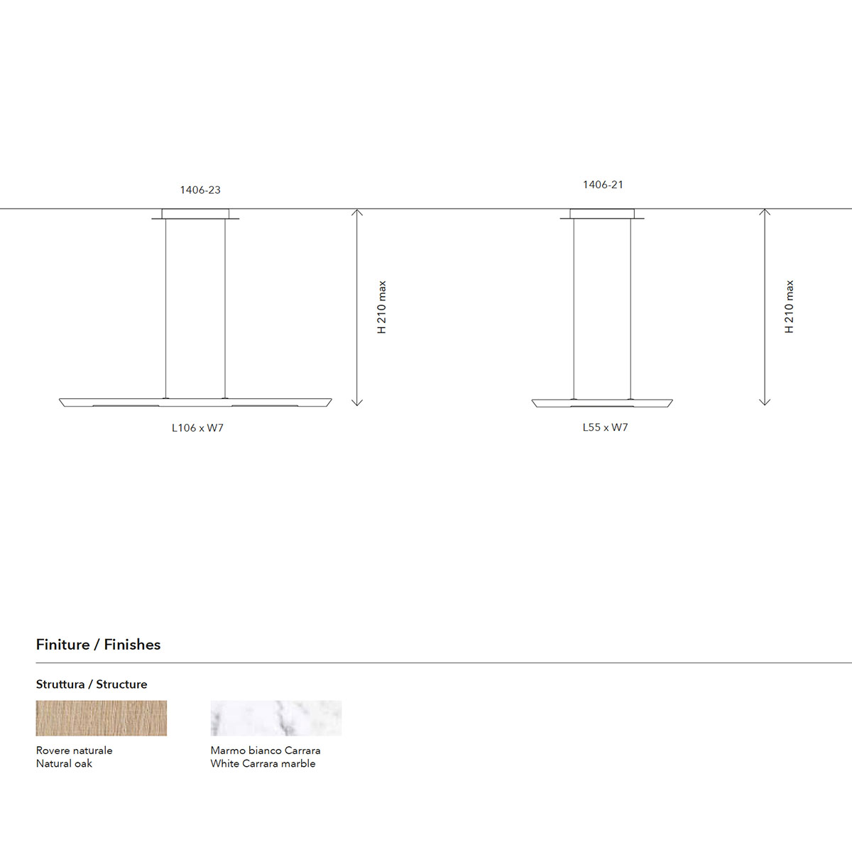 Woody 1406-23 Pendelleuchte, Eichenholz, L: 106 cm Woody 1406-21 Pendelleuchte, Weißer Carrara-Marmor, L: 57 cm