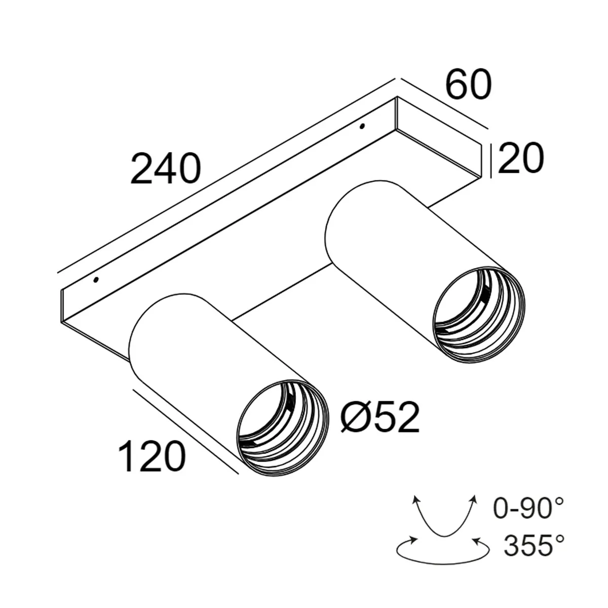 DeltaLight SPY 52 ON 2 93020 DIM8 Aufbaustrahler, Ø: 5,2 cm, L: 12 cm Schwarz, Warmweiß 3000K, 20° Aufbaustrahler – technische Zeichnung