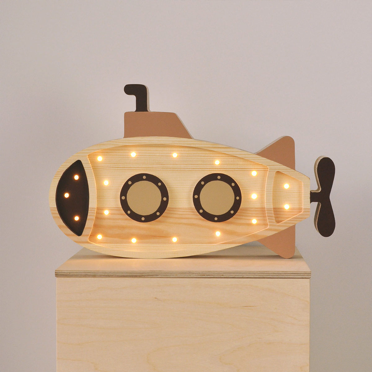 LED Kinderleuchte U-Boot aus Holz, braun, handgemacht