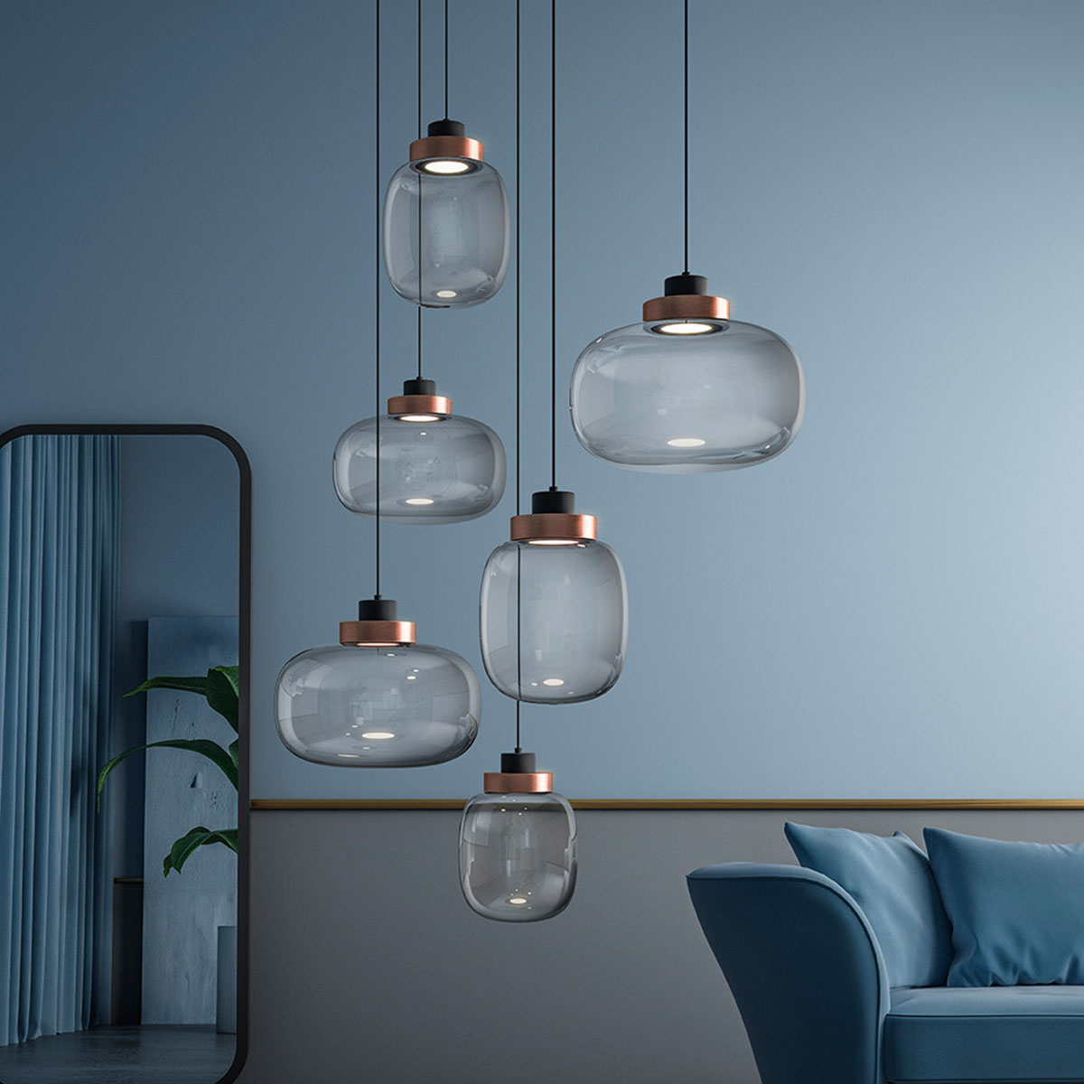 Legier 557.26 Pendelleuchte 6-flammig, Schwarz & Kupfer, Rauchglas Legier 557.26 Pendelleuchte 6-flammig, Schwarz & Kupfer, Rauchglas