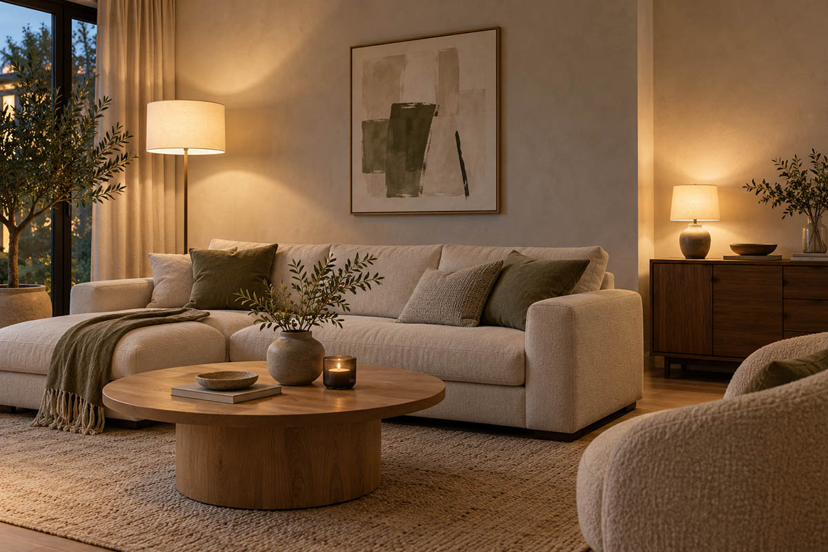 Wohnzimmer mit Sofa, Stehleuchte und Tischleuchte als Beispiel für mehrere warme Lichtzonen