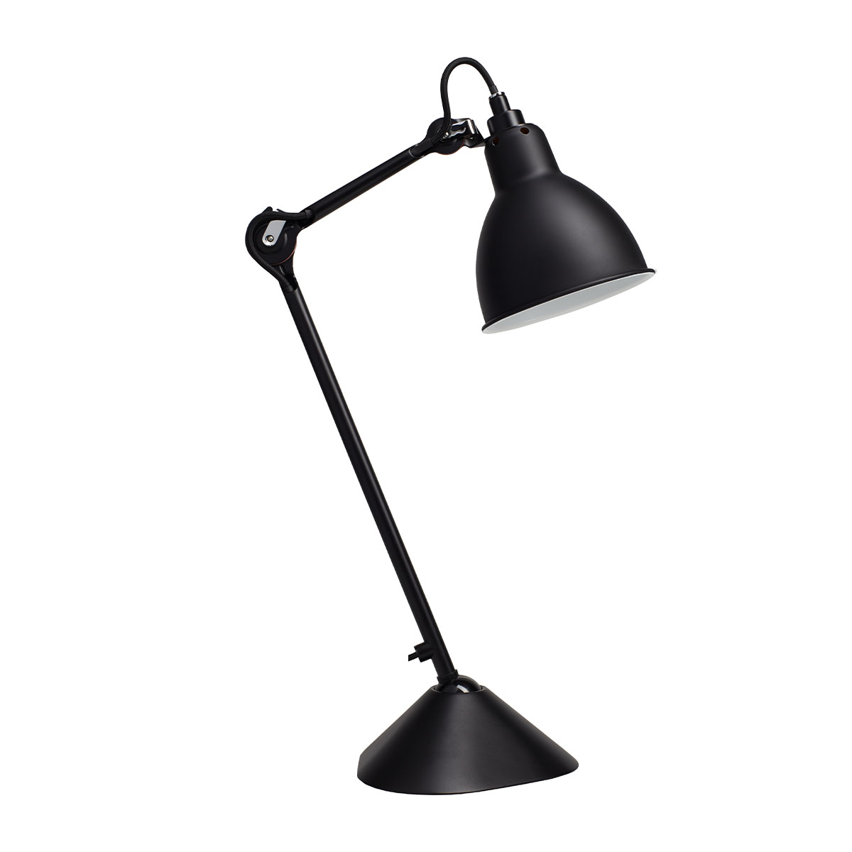 Lampe Gras N° 205 Tischleuchte, H: 39 cm Schwarz, Schirm Schwarz Konisch – elegantes Design aus dem Hause DCW Editions für den Nachttisch Lampe Gras N° 205 Tischleuchte, H: 39 cm Schwarz, Schirm Kupfer & Weiß Rund in Schwarz Kupfer – hochwertige Designerleuchte des Herstellers DCW Editions ideal am Schreibtisch
