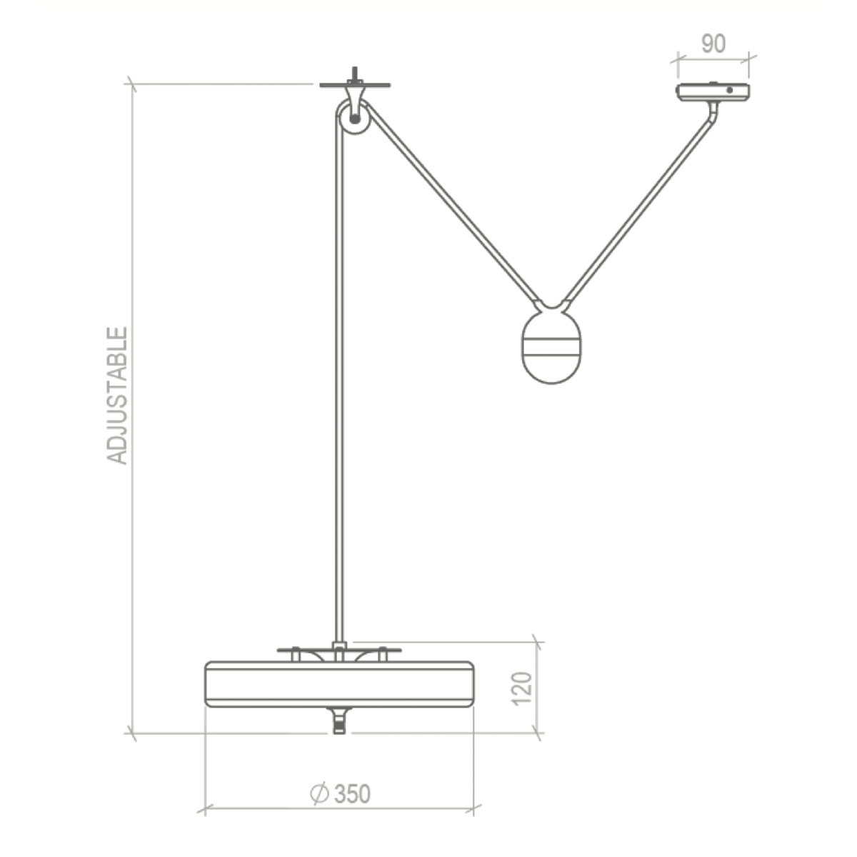 Technische Zeichnung Bert Frank Revolve Rise & Fall Pendelleuchte, Ø: 35 cm, Rot, Messing poliert