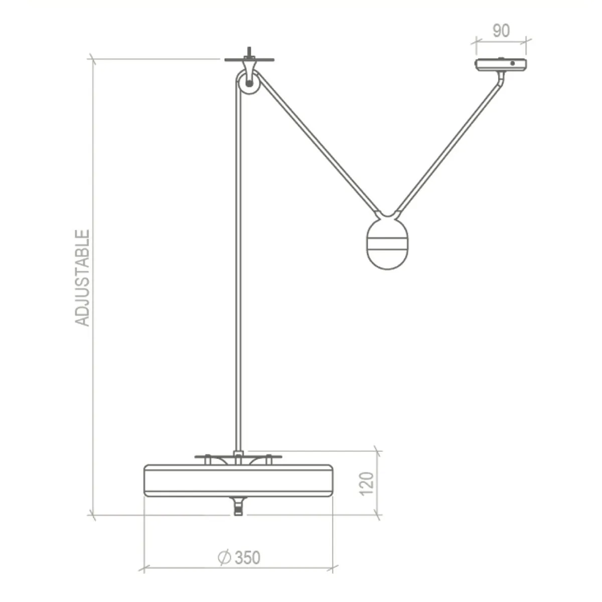 Technische Zeichnung Bert Frank Revolve Rise & Fall Pendelleuchte, Ø: 35 cm, Rot, Messing poliert