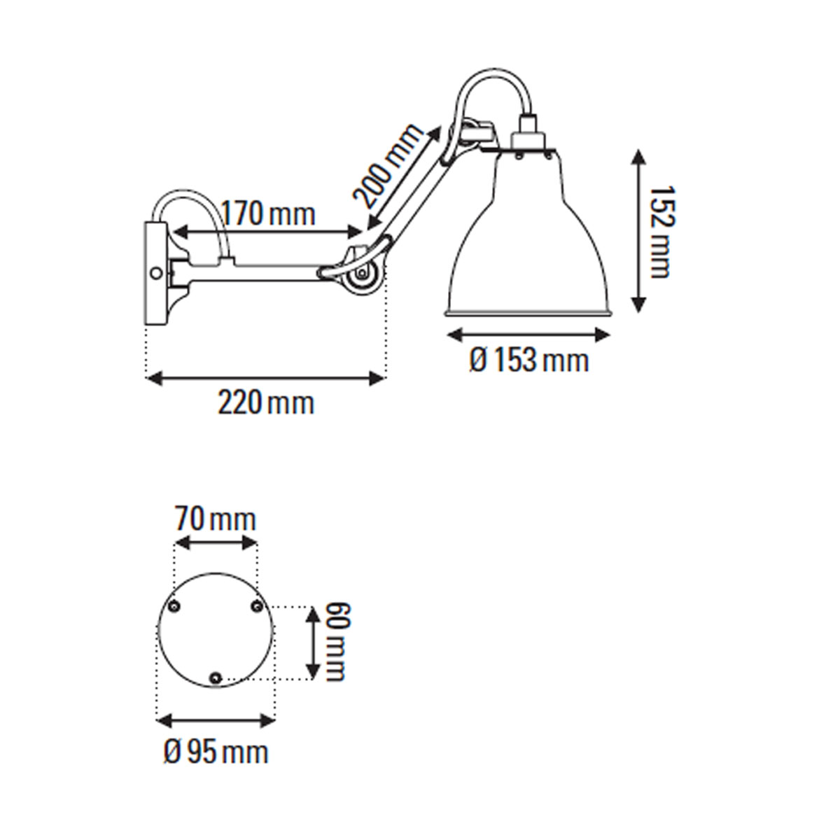 Technische Zeichnung DCW Editions Lampe Gras N° 204 Wandleuchte Schwarz, Schirm Rot