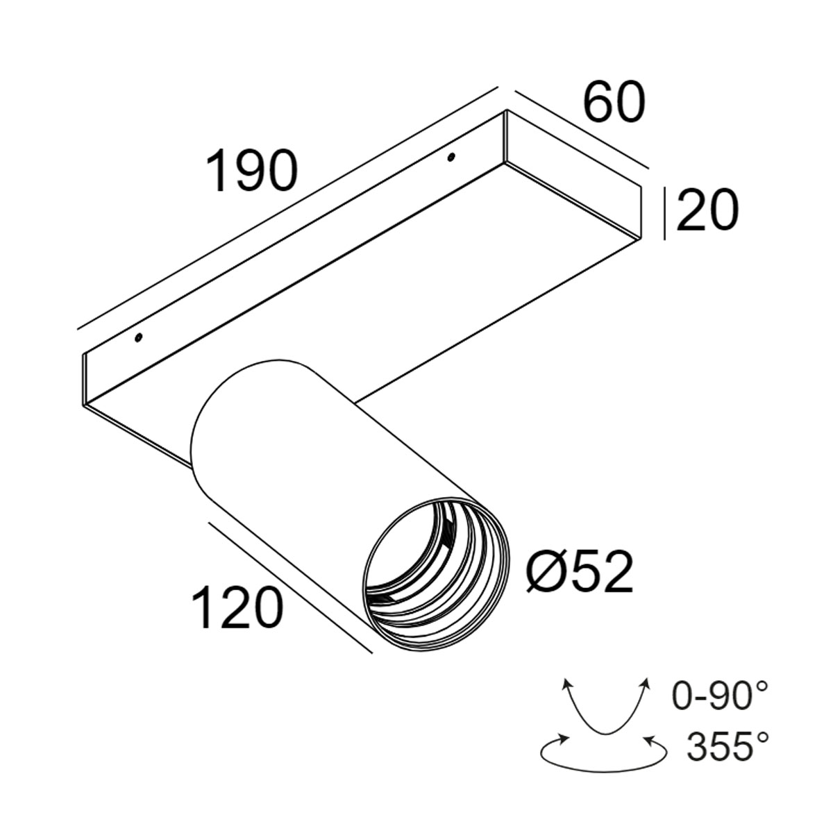 DeltaLight SPY 52 ON 1 92720 DIM8 Aufbaustrahler, Ø: 5,2 cm, L: 12 cm Schwarz, Extra-Warmweiß 2700K, 20° Aufbaustrahler – technische Zeichnung DeltaLight SPY 52 ON 1 93045 DIM8 Aufbaustrahler, Ø: 5,2 cm, L: 12 cm Schwarz, Warmweiß 3000K, 45° Aufbaustrahler – technische Zeichnung