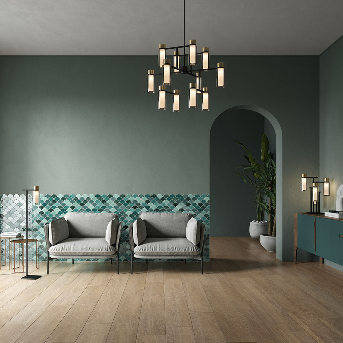 Osman 560.12 Pendelleuchte 12-flammig Ø: 85 cm, Schwarz Matt / Schwarz Chrom & Rauchglas