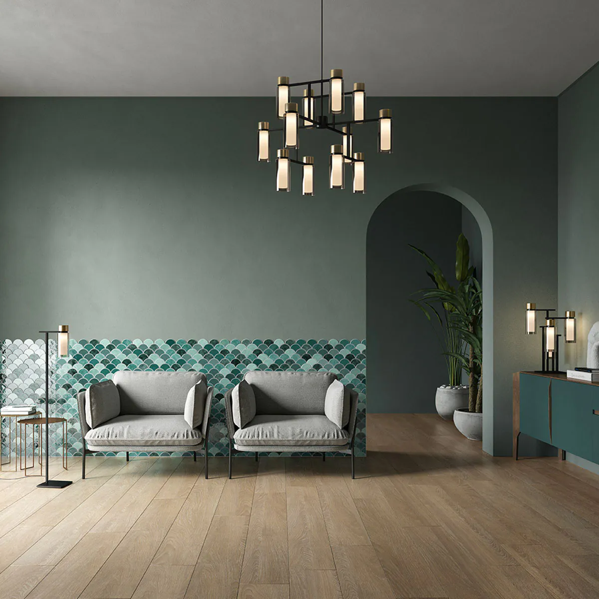 Osman 560.12 Pendelleuchte 12-flammig Ø: 85 cm, Schwarz Matt / Schwarz Chrom & Rauchglas