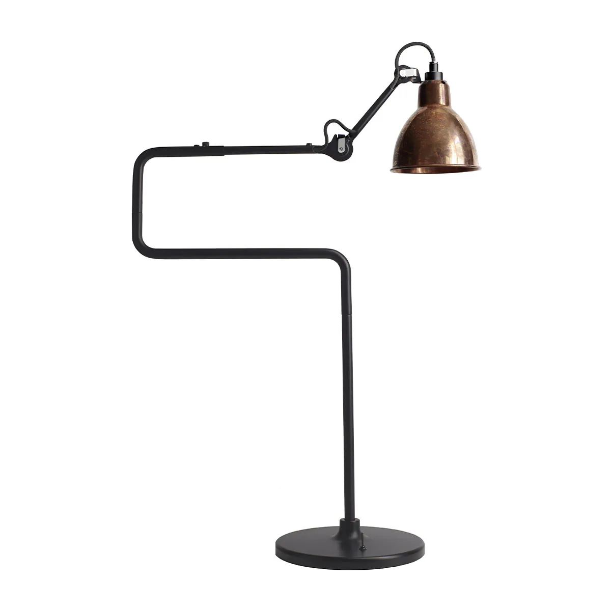 Lampe Gras N° 317 Tischleuchte, H: 65 cm Schwarz, Schirm Kupfer roh & Weiß Rund in Schwarz Kupfer – exklusives Design von DCW Editions für den Nachttisch