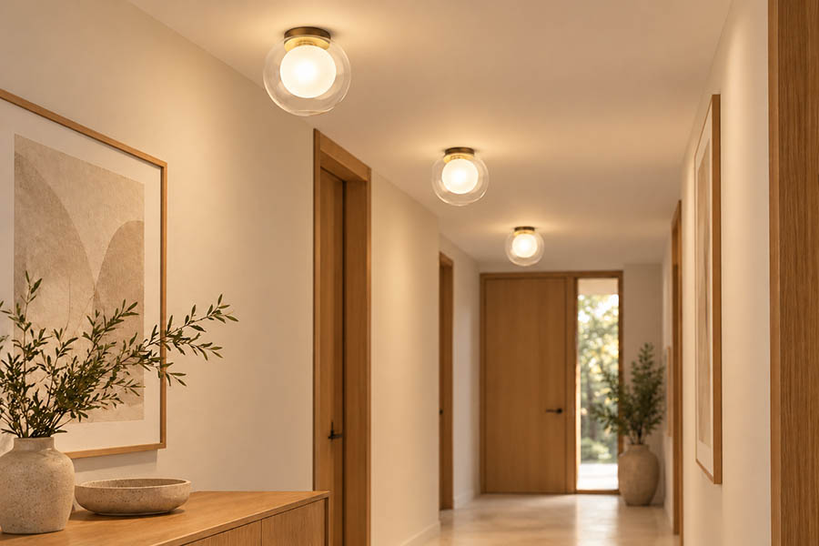 Flur mit gläsernen Deckenleuchten und weichem Licht